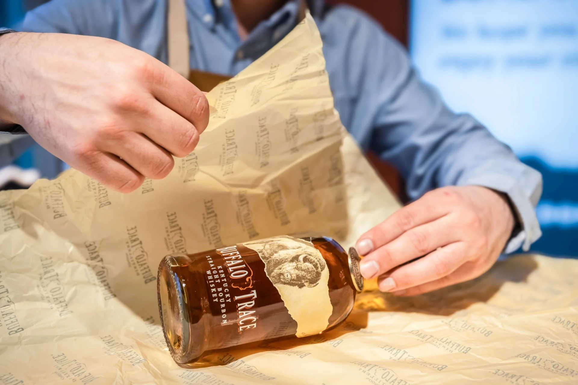 Wrapping a Buffalo Trace Bottle