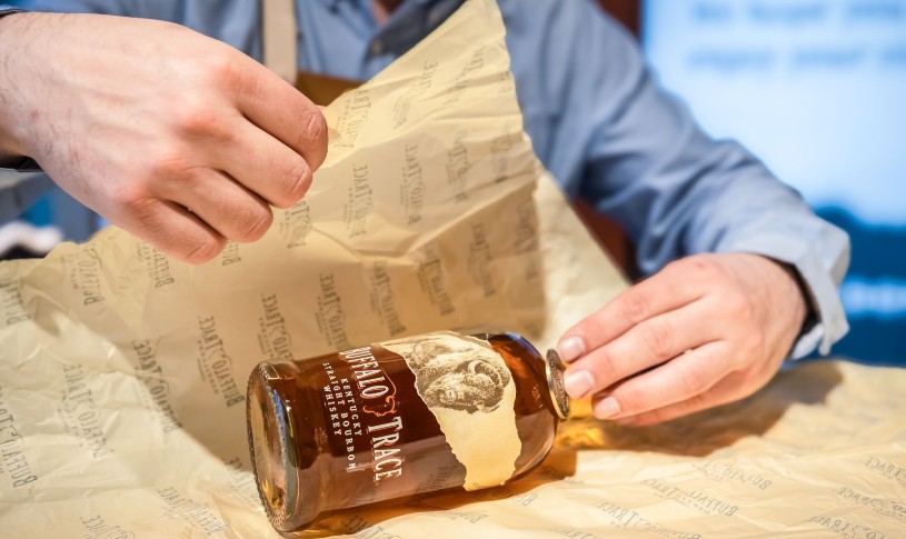Wrapping a Buffalo Trace Bottle