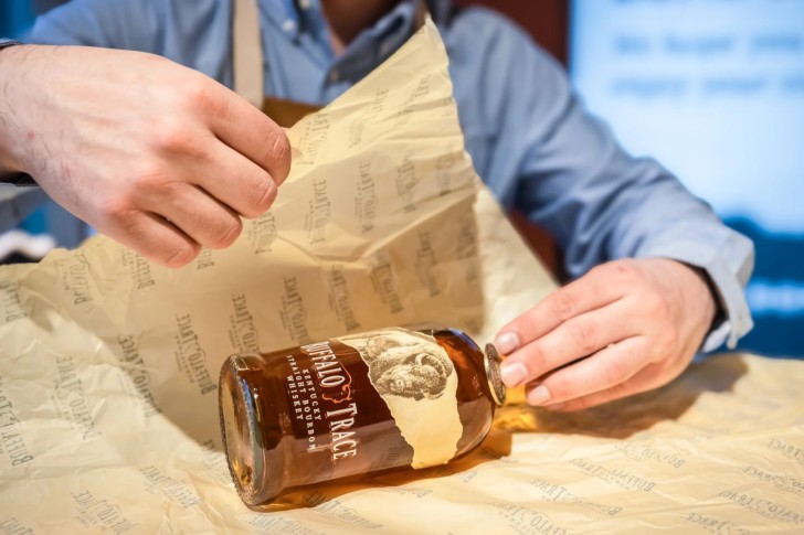 Wrapping a Buffalo Trace Bottle