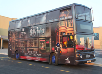 A photo of the Golden Tours Harry Potter Warner Brothers Tour Bus.