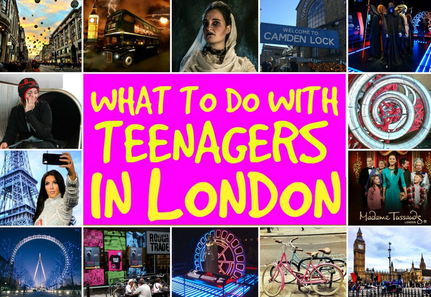 A collage of things for teens to do in London, there is text saying 'What to do with teenagers in London' in the middle.