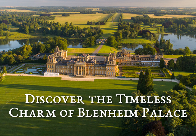 A sky shot of Blenheim Palace with the text 'Discover the Timeless Charm of Blenheim Palace'.