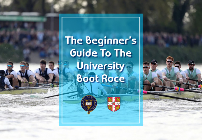 A photo of boats rowing with the text 'The Beginner's Guide to the University Boat Race'.