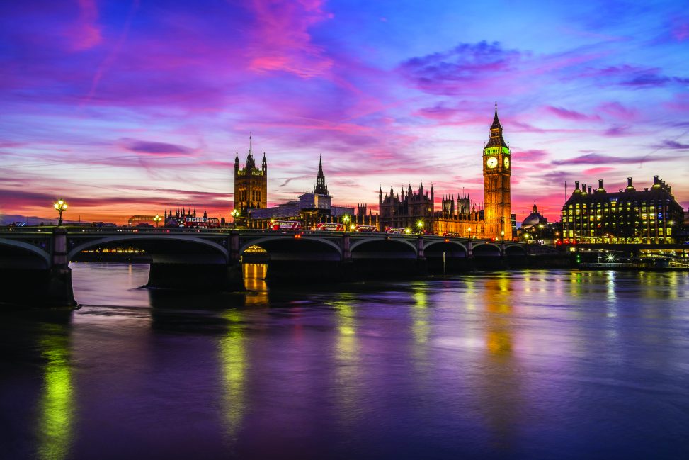 A picture of Westminster and Big Ben at night.