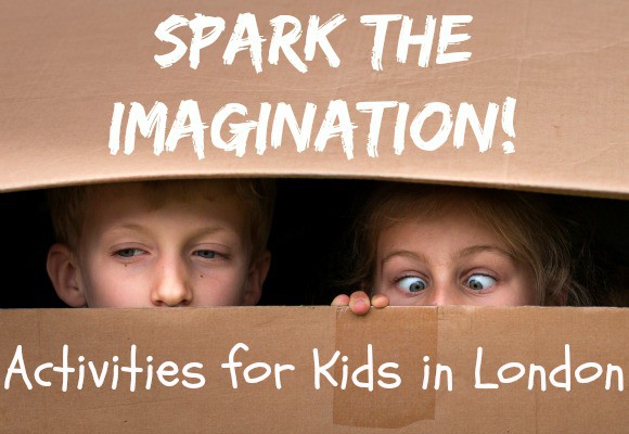 Two children peeking out from a cardboard box. Text reads 'Spark the imagination! Activities for Kids in London.'