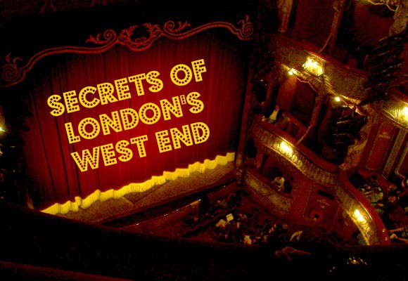 A picture of a stage with the curtains closed, on them is the text 'Secrets of London's West End'.