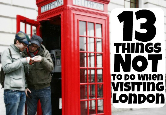 A photo of a red telephone box, with the text '13 things not to do when visiting London.'