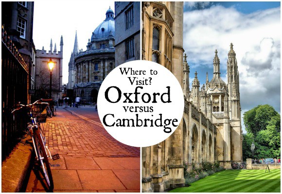 A split image of Oxford and Cambridge. In the middle of the two is the text 'Where to Visit? Oxford versus Cambridge'.