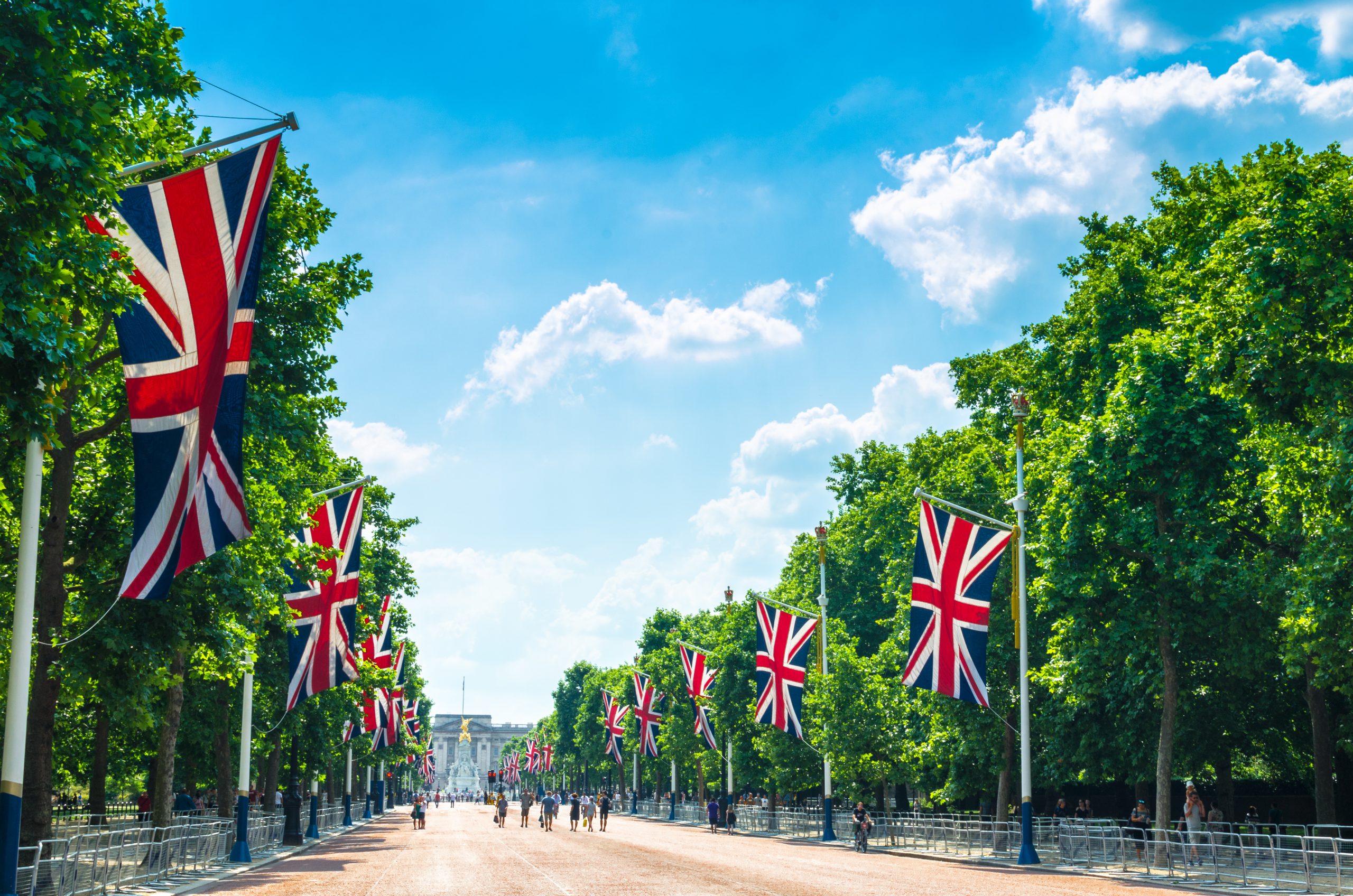 A photo of The Mall in London, adorned with British flags.