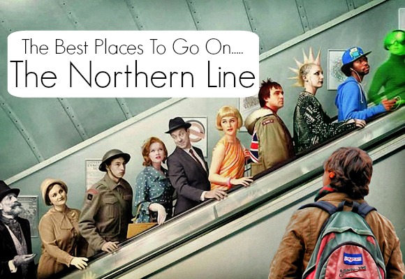 A photo of people going up the escalator from the Northern line with the text 'The Best Places to go on the Northern Line',