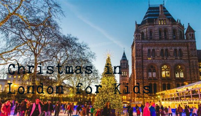 People skating on an ice rink with a Christmas tree in the middle, the text 'Christmas in London for Kids' is overlayed.