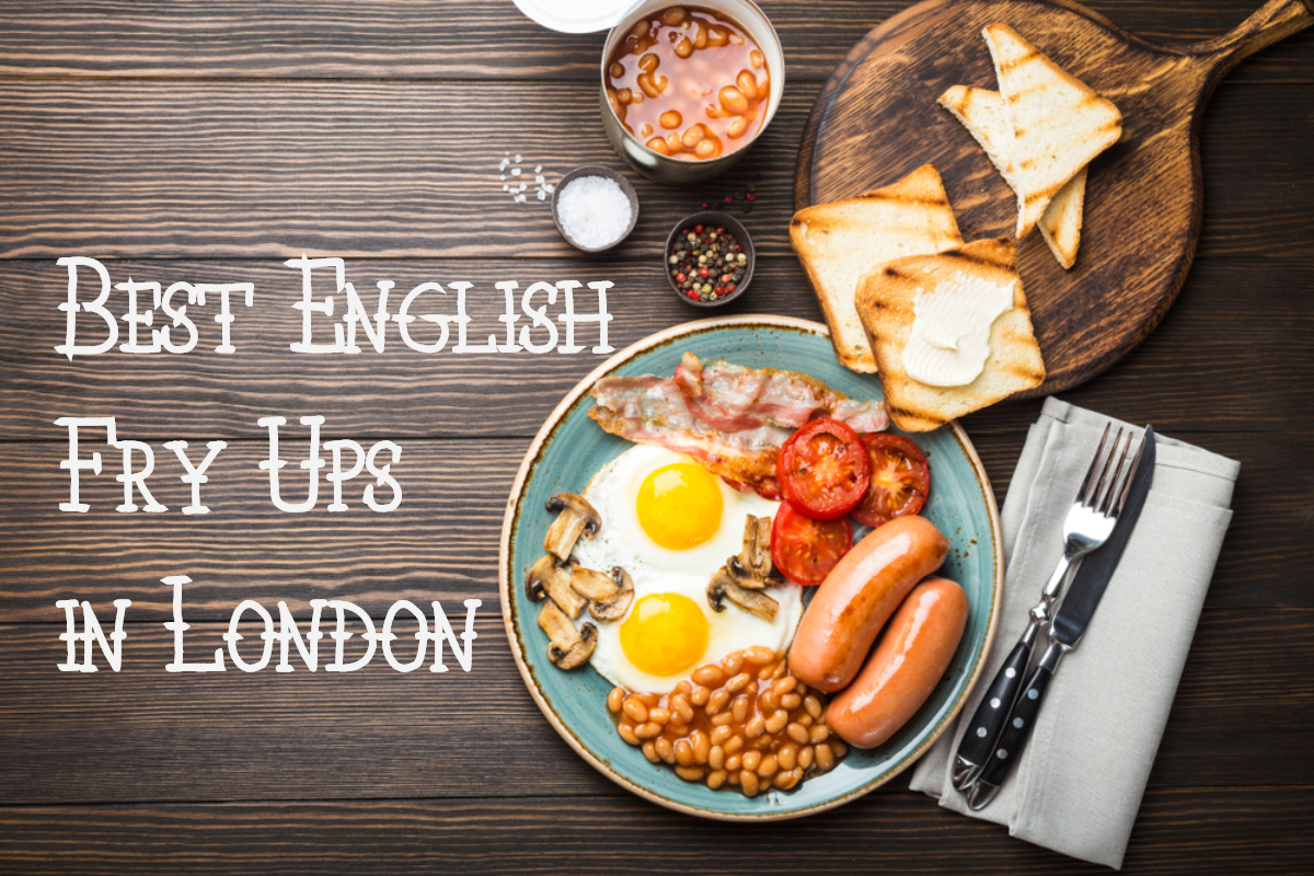 A photo of a traditional English breakfast, with the text 'Best English fry ups in London'.