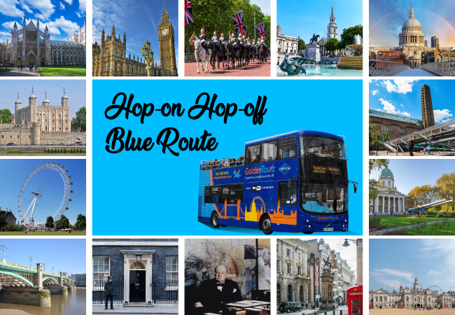 A collage of bus stops in London, with the text 'hop on hop off blue route'.