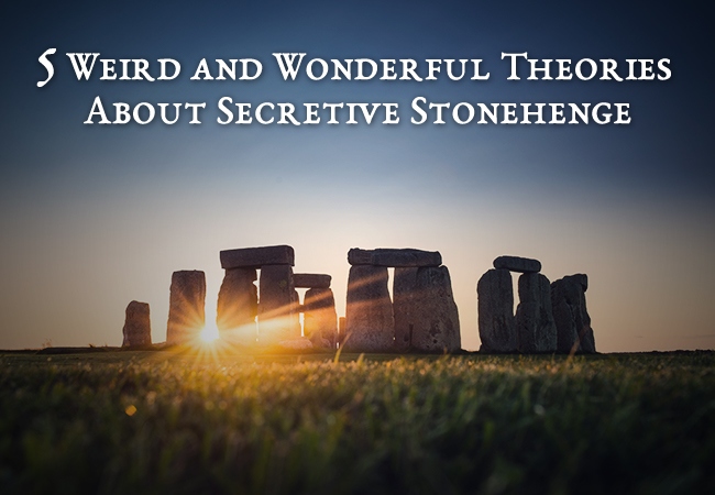 A photo of Stonehenge with the sun behind it with text reading 'Weird and wonderful theories about secretive Stonehenge'.