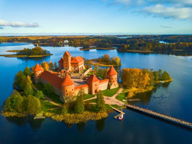 Drone picture of Trakai Castle, on an island on Lake Galve, Lithuania