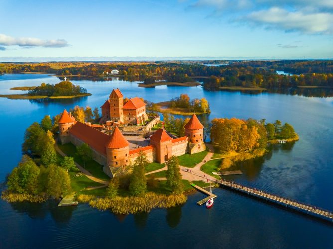 Drone picture of Trakai Castle, on an island on Lake Galve, Lithuania 