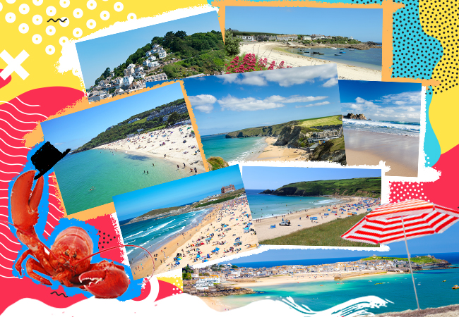 A collage of many beaches in Cornwall.