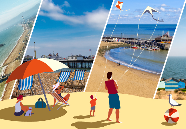 An image of a family at the beach, two people are flying kites.