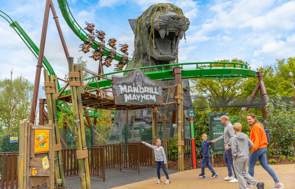 A photo showing the entrance to the ride "Mandrill Mayhem".